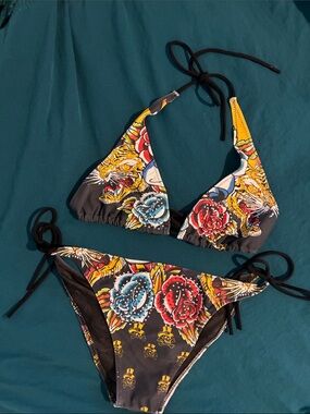 Vintage Y2K Ed Hardy Christian Audigier Black Bikini with Red & Blue Accents